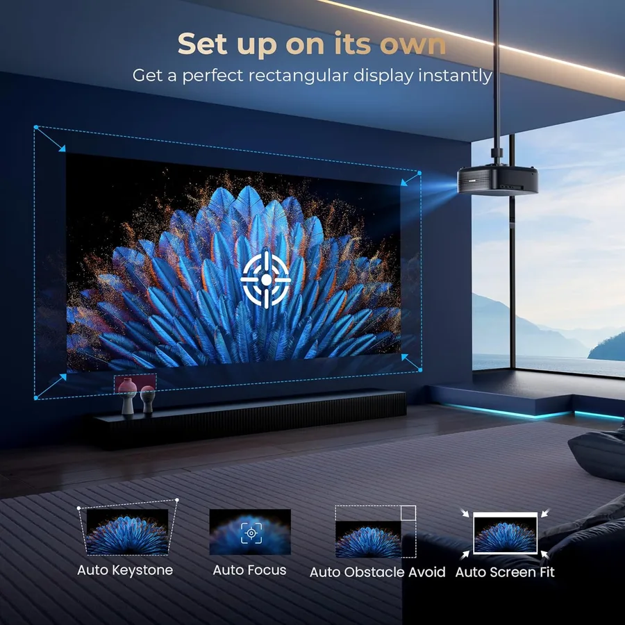 ALVAR V800P projector with auto keystone, auto focus, and screen fit adjustment