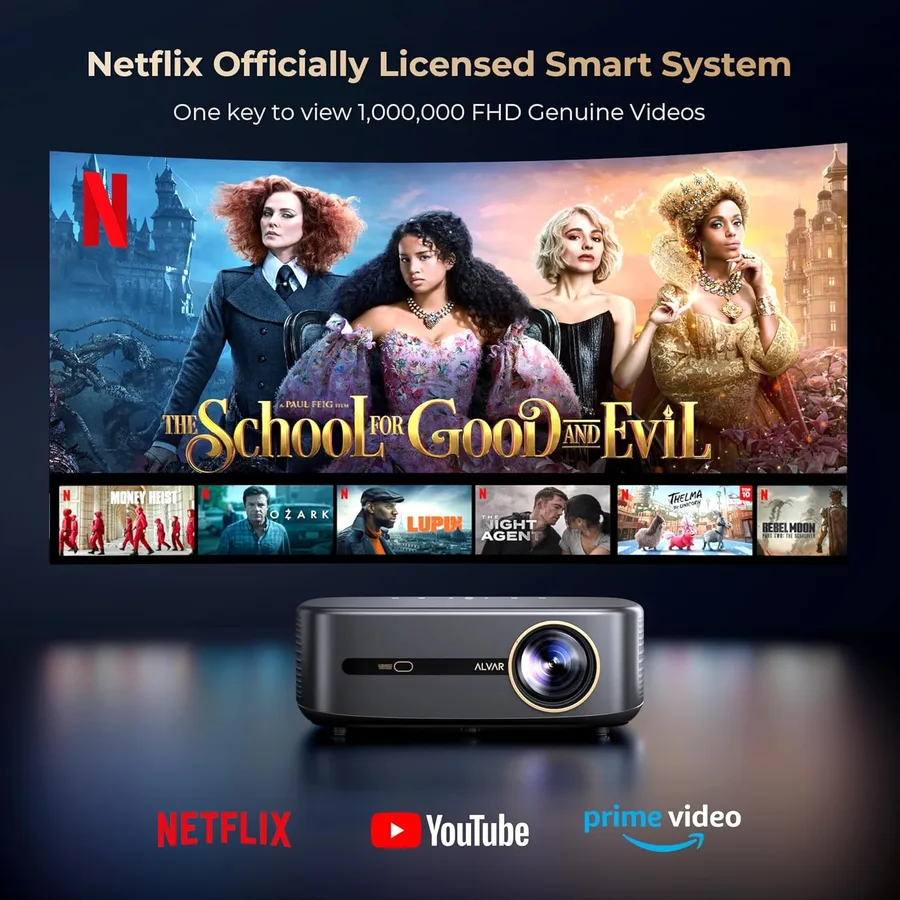 ALVAR V800P projector with officially licensed Netflix, YouTube, and Prime Video apps